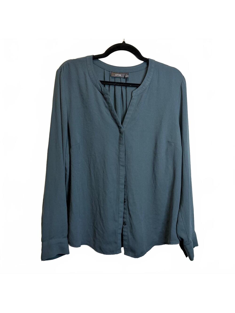 Apt. 9 XL Dark Green Button Front Blouse Split Neck Long Sleeve Work Top